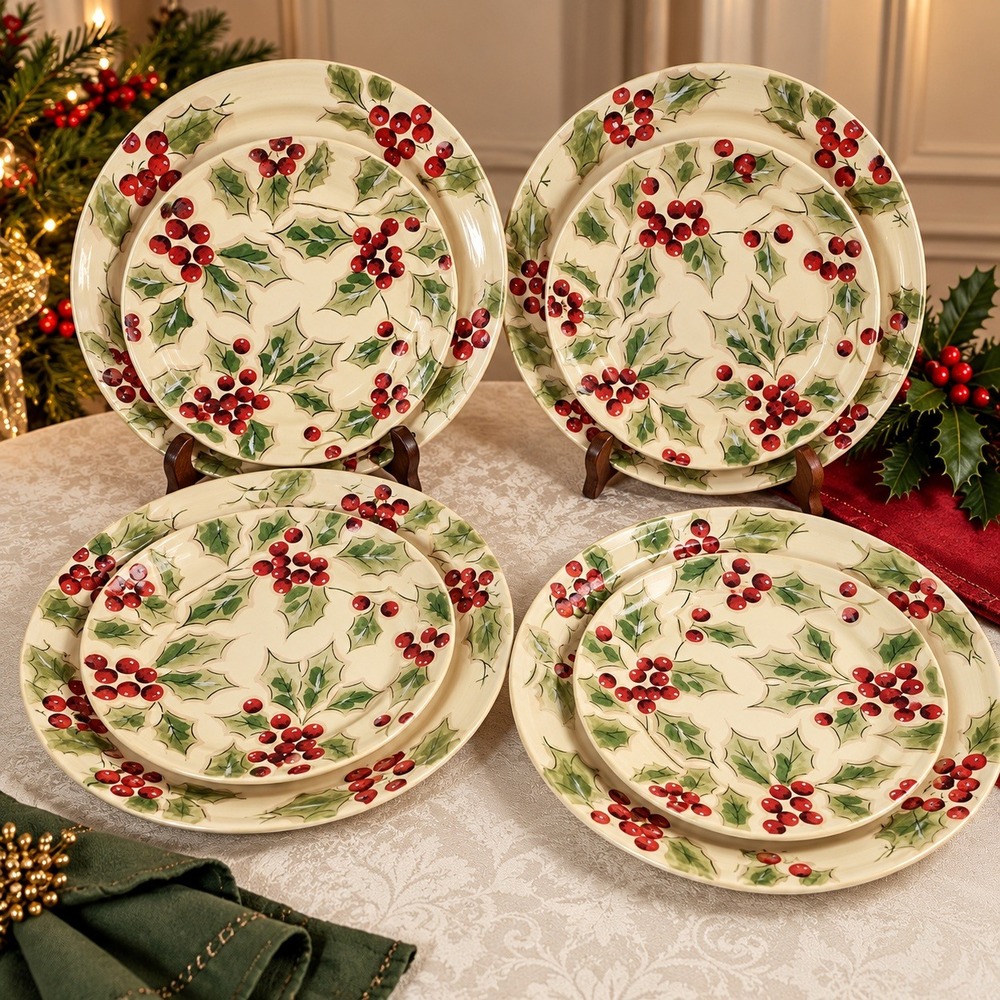 Target Holiday 07 Classic Tidings Holly Berry Ceramic 8pc Plate Set 4 Place
